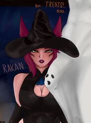 1boy1girl 1girl1boy animal_ears black_clothing black_dress black_hat blik_(artist) breasts dress english_text female fluffy fluffy_ears fog forest ghost girl halloween holidays league_of_legends light-skinned_female light_skin lips long_gloves male male/female pierced_lip pierced_nose piercing piercings pink_hair pumpkin rakan riot_games stockings surprised trick_or_treat vastaya white_body white_clothing white_skin wide_hips witch witch_hat xayah yellow_eyes rating:Explicit score:22 user:TyrbinaTyrista