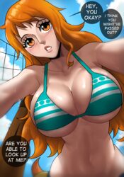 1girls absurdres echosaber english_text fat_breasts female female_only flat_belly green_bikini large_breasts light-skinned_female long_hair nami one_piece orange_hair outside post-timeskip text thick_thighs rating:Questionable score:473 user:N33dForBr33d