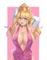 1girls arm_gloves arms_behind_head arms_up bare_hips big_breasts blonde_hair blue_eyes breasts choker cleavage clothing dick_sucking_lips dress elbow_gloves female female_only gloves high_ponytail isabongos long_hair long_ponytail looking_at_viewer mario_(series) nintendo pink_background pink_dress ponytail princess_peach simple_background smile smiling_at_viewer solo standing tied_hair rating:Explicit score:184 user:licence