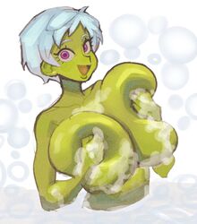 1girls alien_girl areolae big_breasts breasts cheelai dragon_ball dragon_ball_super edu_pompom female_only green_body green_nipples huge_breasts purple_eyes soap_bubbles white_hair rating:Explicit score:102 user:Patts