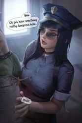 1boy artist_name black_choker black_hair blue_eyes breasts caitlyn_kiramman choker cops_and_robbers_series dark-skinned_male dark_skin erection fellatio female forehead highres hoobamon interracial kneeling large_penis league_of_legends lips long_hair looking_at_another looking_over_eyewear looking_over_glasses looking_over_sunglasses male_pubic_hair medium_breasts officer_caitlyn oral penis penis_grab pubic_hair shirt straight straight_hair sunglasses tattoo the_grind_series tinted_eyewear uncensored veins veiny_penis rating:Explicit score:66 user:bvitq