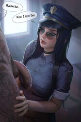 1boy artist_name black_choker black_hair blue_eyes breasts caitlyn_kiramman choker cops_and_robbers_series dark-skinned_male dark_skin erection fellatio female forehead highres hoobamon interracial kneeling large_penis league_of_legends lips long_hair looking_at_another looking_over_eyewear looking_over_glasses looking_over_sunglasses male_pubic_hair medium_breasts officer_caitlyn oral penis penis_grab pubic_hair shirt straight straight_hair sunglasses tattoo the_grind_series tinted_eyewear uncensored veins veiny_penis rating:Explicit score:49 user:bvitq