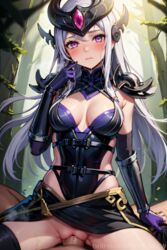 1boy absurd_res absurdres ai_generated armor blush breasts breasts_apart cleavage closed_mouth clothed_sex cowgirl_position cowgirl_position ear_protection elbow_gloves female forehead_protector forest gloves grey_hair hi_res highres large_breasts league_of_legends league_of_legends:_wild_rift leotard long_hair looking_at_viewer medium_breasts nature outdoors penis pov purple_eyes purple_gloves pussy ree0 riot_games sex shoulder_armor solo_focus straddling straight sweat syndra thighhighs uncensored vaginal_penetration vambraces very_long_hair rating:Explicit score:32 user:Ree0