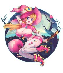 alternate_breast_size barely_clothed big_ass big_breasts boob_window clothed female female_only huge_breasts mario_(series) nintendo nipples_visible_through_clothing no_bra princess_peach sideboob supersatanson witch witch_hat rating:Explicit score:86 user:fridayth34th