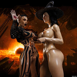 2girls 4k abs big_breasts breasts dark_hair female female_only fit_female hat jack_(mass_effect) light_skin mass_effect massive_breasts mehlabs miranda_lawson mostly_nude nipples nude nude_female tattoo rating:Explicit score:28 user:MeHLabs