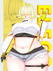 big_breasts black_topwear blonde_hair booty_shorts breasts chubby chubby_belly chubby_female elegg_(nikke) female female female_only gloves goddess_of_victory:_nikke hair_over_eyes oerba_yun_fang pale-skinned_female pale_skin shoulder_length_hair suspenders thick_thighs thigh_strap two_tone_hair white_jacket yellow_gloves rating:Questionable score:20 user:A_Gamecube