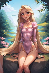  ai_generated blonde_hair disney female long_hair petite puffy_nipples rapunzel sitting skinny slim small_breasts solo tangled thekexo very_long_hair  rating:questionable score: user:kexo