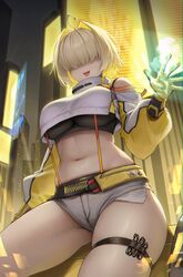 big_breasts black_topwear blonde_hair booty_shorts breasts elegg_(nikke) female female_only gloves goddess_of_victory:_nikke hair_over_eyes hologram midriff navel pale-skinned_female pale_skin shoulder_length_hair suspenders thick_thighs thigh_strap two_tone_hair underboob voluptuous white_jacket yellow_gloves rating:Questionable score:51 user:A_Gamecube