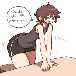 1boy bending_forward black_tank_top blush booty_shorts brown_eyes brown_hair chair femboy looking_at_viewer namesloo requesting table tea_(namesloo) rating:Questionable score:93 user:The_big_boned_Alex