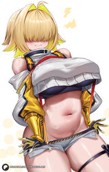 1girls :3 ahoge bare_shoulders bare_thighs big_breasts blonde_hair blush booty_shorts clothed clothing color cute_fang elegg_(nikke) enmanuelart20 female female_focus female_only gloves goddess_of_victory:_nikke hair_over_eyes hi_res large_breasts light-skinned_female light_skin navel no_panties pulling_down_pants short_hair short_shorts shorts solo solo_female suspenders tagme thick_thighs thigh_strap two_tone_hair underboob undressing white_background rating:Explicit score:150 user:Gigiti