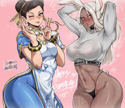 2girls abs almualim breasts brown_eyes brown_hair brown_skin capcom chocolate_and_vanilla chun-li clothed crossover dark-skinned_female dark_skin double_bun female hi_res large_breasts light-skinned_female light_skin long_hair looking_at_viewer midriff miruko my_hero_academia rabbit_ears red_eyes rumi_usagiyama sportswear street_fighter street_fighter_6 sweat sweaty_body twin_buns v_sign white_hair wink rating:Questionable score:379 user:Aeolus_HX