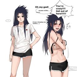 1girls abs angry angry_face bare_legs bare_thighs belly belly_button black_bra black_eyes black_hair black_shorts black_underwear blue_hair blush booty_shorts bra breasts cleavage clothed clothing covering_breasts denggu_5 dialogue english_text female female_only gender_transformation genderswap_(mtf) gym_shorts hand_bra hand_on_hip handbra hi_res holding_breast light-skinned_female light_skin long_hair looking_at_viewer minishorts naruto naruto_(series) naruto_shippuden navel nervous nervous_sweat nose_blush open_mouth pale-skinned_female pale_skin perky_breasts petite red_eyes rule_63 sasuke_uchiha sasuko sharingan shirt short_shorts shorts shounen_jump sideboob small_breasts solo speech_bubble spiked_hair spiky_hair stomach sweat sweatdrop t-shirt teen teenage_girl teenager text toned toned_female tongue uchiha_symbol underwear undressing white_background white_shirt rating:Questionable score:85 user:FnPorn4Evr