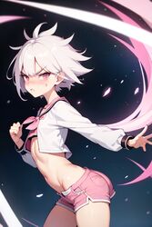 ai_generated angry arched_back ass_focus blush booty_shorts embarrassed flat_chest glaring magical_girl microshorts petite pink_eyes seifuku tomboy tsundere white_hair rating:Questionable score:3 user:hbkforgopass