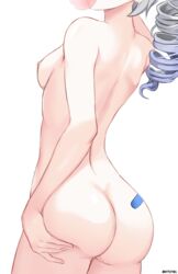  ass ass_focus ass_grab breasts chewing_gum completely_nude drill_hair female from_behind grabbing_own_ass grey_hair haru_(dt717461) highres honkai:_star_rail honkai_(series) nipples nude ponytail silver_wolf_(honkai:_star_rail) small_breasts solo twitter_username white_background  rating:questionable score: user:stark888