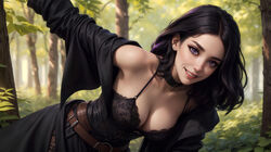 1girls ai_generated andzelo222 black_hair bra breasts cd_projekt_red choker clothing collar eyeshadow female goth head_grab light-skinned_female lipstick long_hair looking_at_viewer outdoors pale-skinned_female petite purple_eyes purple_eyeshadow seductive_look slim smile smiling solo sorceress submissive_female teenager the_witcher_(series) the_witcher_3:_wild_hunt violet_eyes yennefer rating:Explicit score:28 user:Kokizi