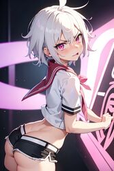 ai_generated angry arched_back ass_focus blush booty_shorts embarrassed flat_chest from_behind glaring looking_at_viewer looking_back microshorts petite pink_eyes seifuku skimpy tomboy tsundere white_hair rating:Questionable score:4 user:hbkforgopass