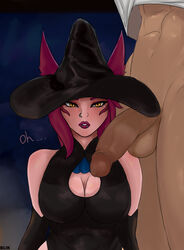 1boy1girl 1girl1boy animal_ears balls black_clothing black_dress black_hat blik_(artist) breasts dark_skin dark_skinned_male dick dress english_text female fluffy fluffy_ears fog forest ghost girl halloween holidays league_of_legends light-skinned_female light_skin lips long_gloves male male/female penis pierced_lip pierced_nose piercing piercings pink_hair pumpkin rakan riot_games stockings surprised trick_or_treat vastaya vein veiny_penis white_body white_clothing white_skin wide_hips witch witch_hat xayah yellow_eyes rating:Explicit score:41 user:TyrbinaTyrista