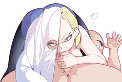 1boy android_18 bald black_pantyhose blonde_hair blue_eyes blue_skirt clothed_female_nude_male denim denim_skirt dragon_ball dragon_ball_z earrings english_commentary fellatio female ghost_costume hand_on_another's_penis hotvr jewelry krillin kuririn nude oral pantyhose penis short_hair skirt straight uncensored white_background rating:Explicit score:96 user:bot