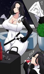 ass ass_expansion black_hair breast_expansion breasts curvy_female drinking guabeyo jumpsuit mass_effect miranda_lawson note nyabeyo wine wine_bottle rating:Explicit score:92 user:Zune2