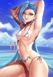 1girls 2023 arms_behind_head badcompzero bikini bikini_top_undone blue_hair blush female female_only flat_chest hi_res jinx_(league_of_legends) league_of_legends long_hair looking_at_viewer purple_eyes riot_games sea smiling smiling_at_viewer solo tattoo tattooed_arm tattoos thick_thighs rating:Questionable score:78 user:BlueVertig0