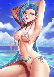 1girls 2023 arms_behind_head badcompzero bikini bikini_top_undone blue_hair blush breasts female female_only hi_res jinx_(league_of_legends) league_of_legends long_hair looking_at_viewer purple_eyes riot_games sea smiling smiling_at_viewer solo tattoo tattooed_arm tattoos thick_thighs rating:Questionable score:81 user:BlueVertig0