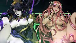 2girls aphrodite_(hades) big_breasts black_hair blush censored divine_slut female female_only goddess hades_(game) nude nyx_(hades) pd pink_hair restrained rating:Explicit score:65 user:Saluminator