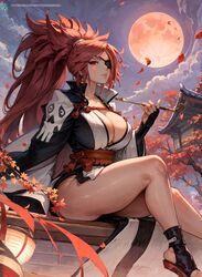 ai_assisted ai_generated baiken big_hair black_kimono breasts cleavage erotic_nansensu eyepatch female full_moon guilty_gear highres jacket japanese_clothes kimono kiseru large_breasts long_hair looking_at_viewer moon multicolored_clothes multicolored_kimono night obi open_clothes open_kimono pink_hair ponytail red_eyes sash scar scar_across_eye scar_on_face sitting sky smoking_pipe solo stable_diffusion tattoo thighs white_kimono rating:Questionable score:64 user:ToggafNaelik