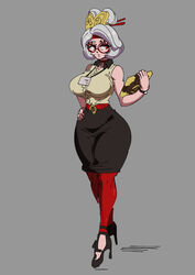 1girls bathsalts1 black_skirt blouse bracelet breasts brown_blouse choker glasses hair_bun hair_sticks hand_on_hip high_heels holding_tablet hourglass_figure id_card lanyard large_ass large_breasts leggings nintendo office_lady pencil_skirt purah purah_(tears_of_the_kingdom) red_eyes red_leggings skirt small_waist tablet tears_of_the_kingdom the_legend_of_zelda thick_thighs white_hair wide_hips rating:Questionable score:62 user:medgol