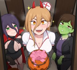 3girls afrobull black_hair blonde_hair chainsaw_man condom condom_packet_strip condom_wrapper female female_only frankenstein_costume gloves green_eyes halloween halloween_costume higashiyama_kobeni nurse nurse_cap nurse_hat nurse_uniform pale-skinned_female power_(chainsaw_man) reze_(chainsaw_man) vampire_costume rating:Explicit score:628 user:Zabior