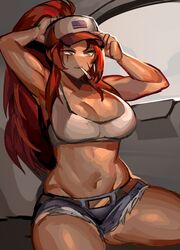 1girl big_breasts booty_shorts cigarette gebura_(lobotomy_corporation) library_of_ruina lobotomy_corporation morchkins muscular_female ponytail project_moon red_hair scar_on_face scars_on_face tank_top thick_thighs trucker trucker_hat yellow_eyes rating:Questionable score:47 user:DarkScav8