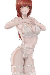 1girls chainsaw_man cleavage garter_belt kaiserart lingerie makima_(chainsaw_man) red_hair solo standing white_background rating:Questionable score:27 user:autocomplete