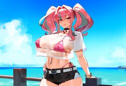  ai_generated azur_lane bremerton_(azur_lane) henrik_n huge_breasts looking_at_viewer novelai pink_hair shorts thiccwithaq_(ai_style) white_shirt  rating:explicit score: user:bbvvll