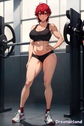 ai_generated aizawa_tomo athletic_female black_sports_bra gym hand_on_waist long_legs looking_at_viewer muscular_arms muscular_female red_eyes red_hair red_stockings short_hair six_pack sports_bikini sports_bra sports_panties sportswear thick_thighs tomboy tomo-chan_wa_onna_no_ko watermark white_sneakers rating:Questionable score:50 user:Flirty_teen