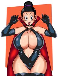 1girls 2023 big_breasts black_hair breasts chichi clothed clothed_female dragon_ball elbow_gloves female female_only fully_clothed gloves hair_bun halloween halloween_costume huge_breasts large_breasts light-skinned_female light_skin looking_at_viewer mature mature_female milf open_mouth panarandom solo solo_female standing thighhighs vampire_costume rating:Explicit score:80 user:Raztave