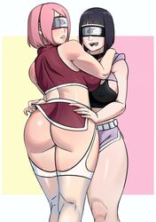 2girls alternate_angle alternate_version_available ass ass_focus big_ass big_breasts boruto:_naruto_next_generations bra breasts covered_eyes dat_ass donchibi eyes_covered female female_only hands_on_shoulders headband horny hyuuga_hinata licking_lips lifting_skirt mature_female milf naruto naruto_(series) pink_hair sakura_haruno short_hair short_shorts shorts skimpy skimpy_clothes violet_hair yuri rating:Questionable score:196 user:lespam_605