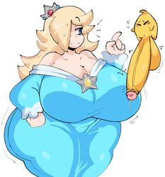 blonde_hair blue_dress crown dripping_precum huge_breasts huge_cock lewd_dorky luma mario_(series) nintendo precum precum_drip princess_rosalina size_difference small_but_hung star super_mario_galaxy white_background rating:Explicit score:166 user:Cringe_toast