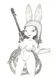 1girls aged_up bob's_burgers breasts bunny_ears casual eyelashes female female_only firearm gun hat headwear hose human ikami lips lipstick louise_belcher monochrome nude pale_skin rifle saw solo standing weapon rating:Explicit score:834 user:bot