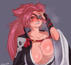 baiken cleavage clenched_teeth guilty_gear large_breasts long_hair wet zoru_art rating:Questionable score:81 user:GitHub