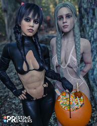 2girls 3d abs athletic athletic_female black_hair blonde_hair blue_eyes breasts brown_eyes busty candy cleavage cleavage_cutout deep_cleavage dress eyeshadow female female_focus female_only fingerless_gloves halloween halloween_costume hands_behind_back hourglass_figure jenna_ortega long_hair makeup muscle_tone nail_polish navel netflix pinup pinup_pose pristinerenders short_dress skimpy skimpy_clothes small_breasts tagme the_addams_family toned toned_female twin_braids wednesday_(netflix) wednesday_addams wide_hips rating:Explicit score:79 user:droid377