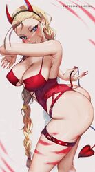 ass blonde_hair blush breasts cammy_white fake_horns female heart_tail liremi red_horns red_lingerie red_tail street_fighter succubus_costume rating:Explicit score:44 user:clovecomi