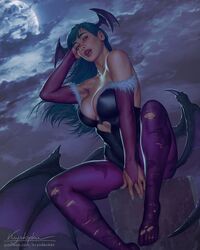 animal_print artist_name bat_print bat_wings big_breasts breasts bridal_gauntlets cleavage clothing darkstalkers female fur_trim green_hair head_wings highres krysdecker leotard lips long_hair looking_at_viewer low_wings medium_breasts moon morrigan_aensland night pantyhose patreon_username print_pantyhose purple_wings realistic solo succubus torn_clothes torn_pantyhose wings rating:Explicit score:83 user:Crcole331