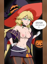 bleach blonde_hair burn_the_witch exposed_breasts green_eyes halloween jiganshi ninny_spangcole simple_background solo_female trick_or_treat witch witch_hat rating:Explicit score:29 user:JiganshiArt