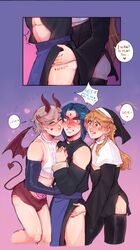  3boys aether_(genshin_impact) androgynous chiro69neko comic english_text femboy gay genshin_impact halloween lyney_(genshin_impact) male twink xiao_(genshin_impact)  rating:questionable score: user:monalicious