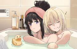 2girls bathing bathroom bathtub blonde_hair closed_mouth hair_bun hug hug_from_behind indoors inoue_takina long_hair lycoris_recoil multiple_girls muscular neko_(yanshoujie) nishikigi_chisato nude partially_submerged purple_eyes rubber_duck shared_bathing short_hair smile water wet yuri rating:Questionable score:53 user:Ballisthick