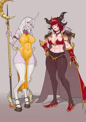 2girls alexstrasza blizzard_entertainment breasts cleavage crossover dragon female full_body girl league_of_legends looking_at_viewer milf navel purple_skin samiri simple_background sleeveless soraka staff standing tagme thighhighs world_of_warcraft yellow_eyes rating:Explicit score:30 user:mydickhurtaf