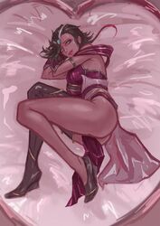 black_hair breasts female female_focus female_only girl green_eyes karma_(league_of_legends) league_of_legends lying_on_bed riot_games samiri simple_background solo solo_female solo_focus rating:Explicit score:9 user:mydickhurtaf