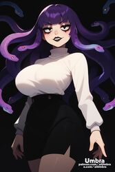  1girls ai_generated aiumbra busty gorgon goth goth_girl grin high_resolution highres large_breasts naughty_face self_upload smile smug snake_hair stable_diffusion thick_thighs  rating:explicit score: user:aiumbra