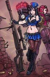 alternate_costume belted_skirt breasts caitlyn_kiramman cosplay duo eyewear_on_head female female_focus female_only girl league_of_legends riot_games samiri short_skirt skirt tomboy unaware vi rating:Explicit score:9 user:mydickhurtaf