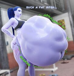 1girls 3d 3d_(artwork) big_ass big_belly big_breasts black_nails blender blizzard_entertainment blue_hair dialogue digestion_noises gym hand_on_hip overwatch overwatch_2 plaguefatty purple_skin sports_bra sweat tattoos thick_thighs vore vore_belly widowmaker yellow_eyes rating:Explicit score:80 user:Darkaurablaster