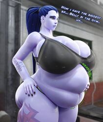 1girls 3d 3d_(artwork) bbw big_ass big_belly big_breasts black_nails blender blizzard_entertainment blue_hair dialogue digestion_noises gym hand_on_hip massive_breasts overwatch overwatch_2 plaguefatty post_vore purple_skin sports_bra sweat tattoos thick_thighs vore vore_belly weight_gain widowmaker yellow_eyes rating:Explicit score:98 user:Darkaurablaster